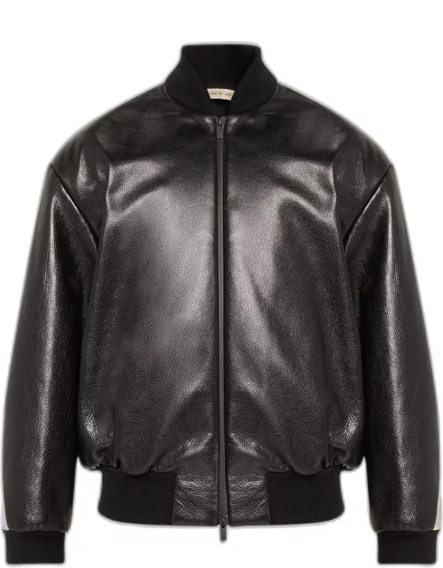 Men's Leather Bomber Jacket with Back Stripe