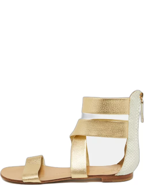 Giuseppe Zanotti Gold/White Python Embossed Leather Ankle Cuff Flat Sandal