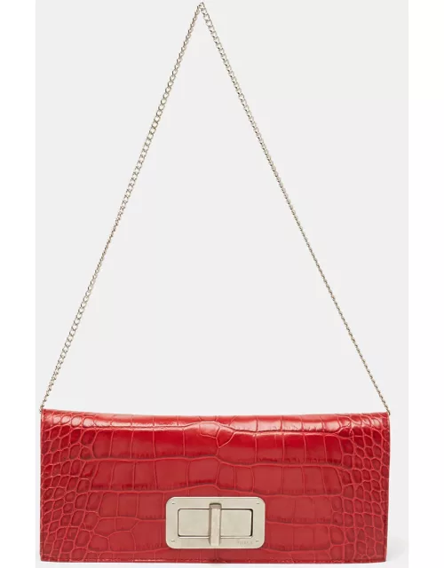 Furla Red Croc Embossed Leather Chain Clutch