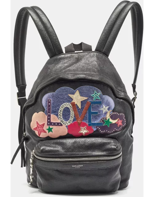Saint Laurent Black Leather and Canvas Mini Love Appliqué City Backpack