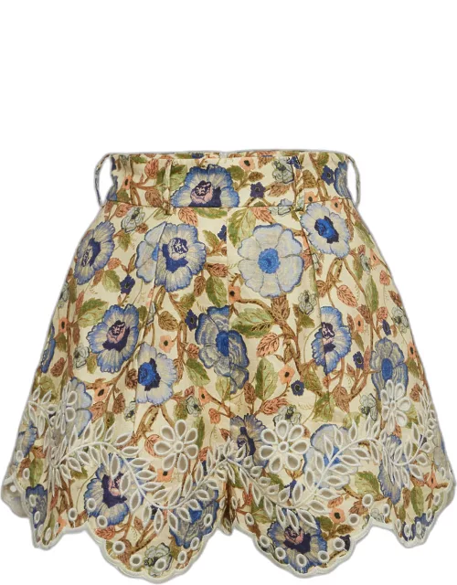 Zimmermann Multicolor Floral Print Schiffli Linen Shorts