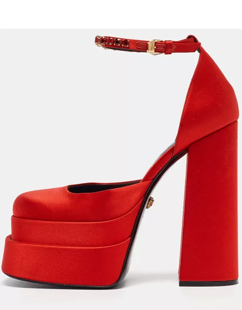 Versace Red Satin Platform Ankle Strap Sandal