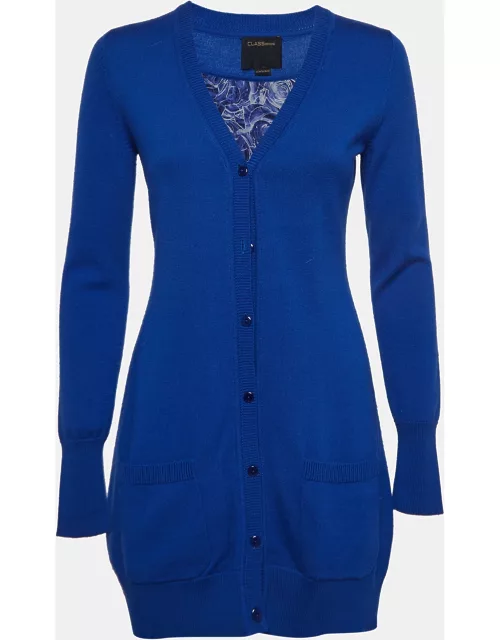 Class by Roberto Cavalli Blue Wool Silk Inset Buttoned Cardigan