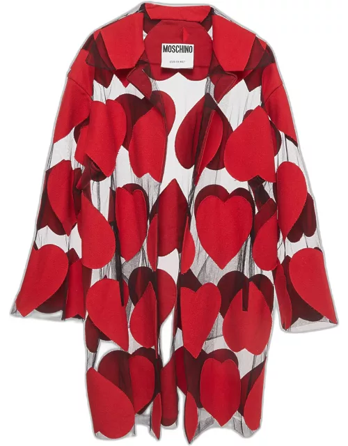 Moschino Red Heart Applique Wool and Tulle Sheer Coat