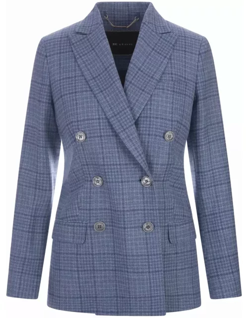 Kiton Light Blue Double-breasted Blazer With Check Pattern