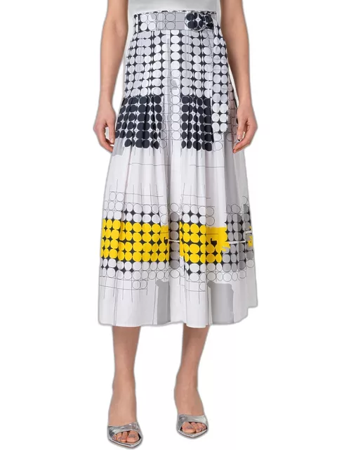 Skyscraper Facade-Print Cotton Poplin Belted Midi Skirt