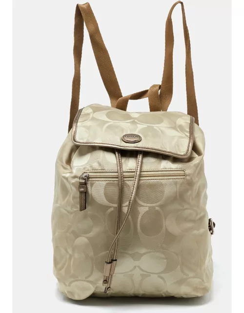 Coach Beige/Metallic Signature Nylon and Leather Backpack