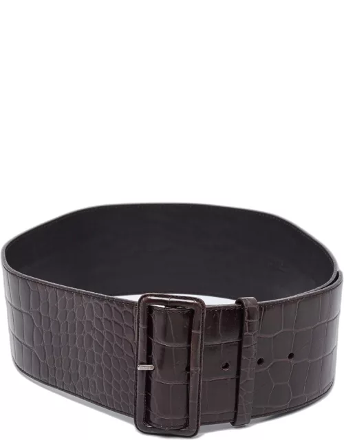 Prada Dark Brown Croc Embossed Leather Buckle Wide Belt 80C