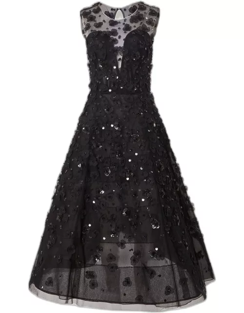 Floral Applique Sequined Beaded Midi Dres