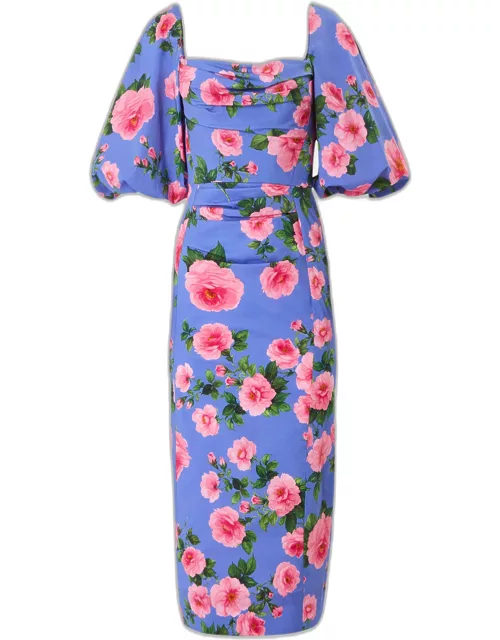 Floral Print Ruched Midi Dress with Puff Sleeve