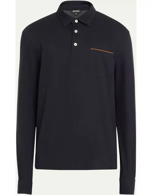 Men's Long-Sleeve Polo Shirt with Leather-Trim Pocket