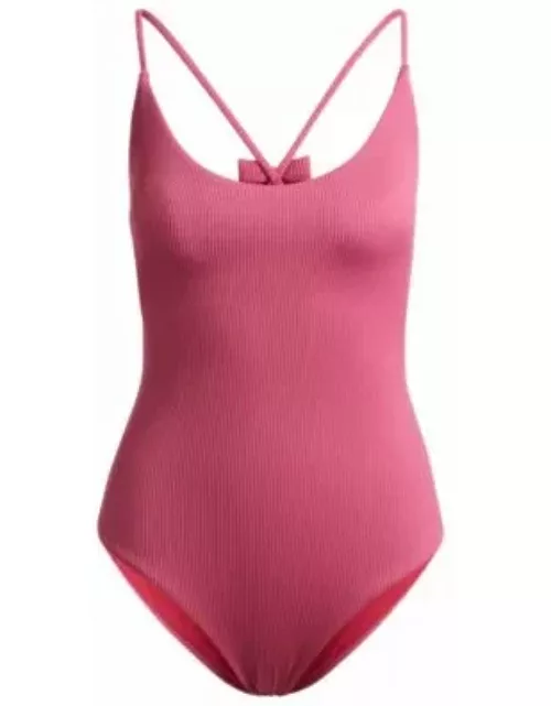 Ribbed one-piece swimsuit with bow trim- Pink Women's Swimwear