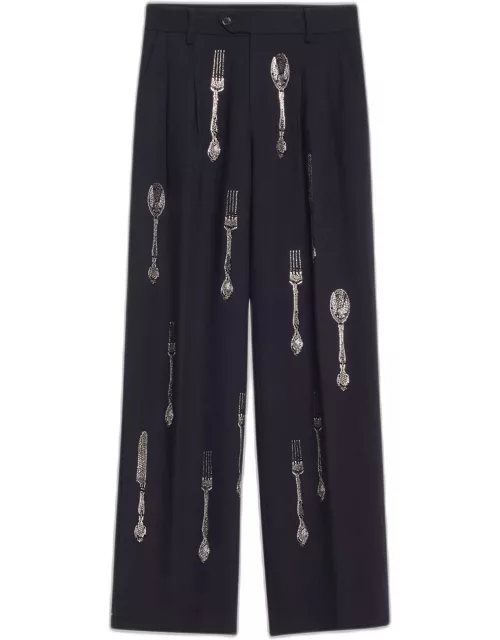 Michelin Star Wool Baggy Trousers with Crystal Detai