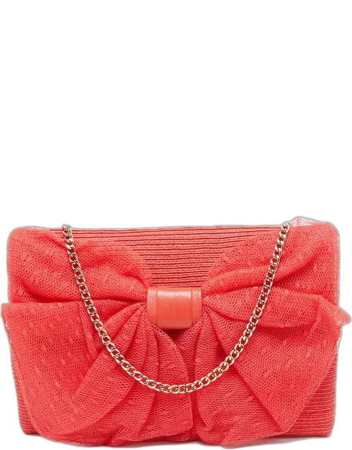RED Valentino Coral Orange Raffia and Lace Bow Chain Bag