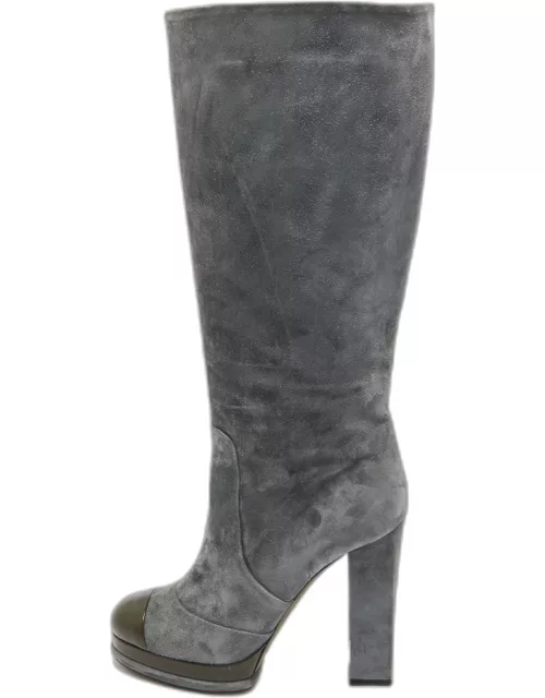 Chanel Grey Suede CC Cap Toe Block Heel Knee Length Boot