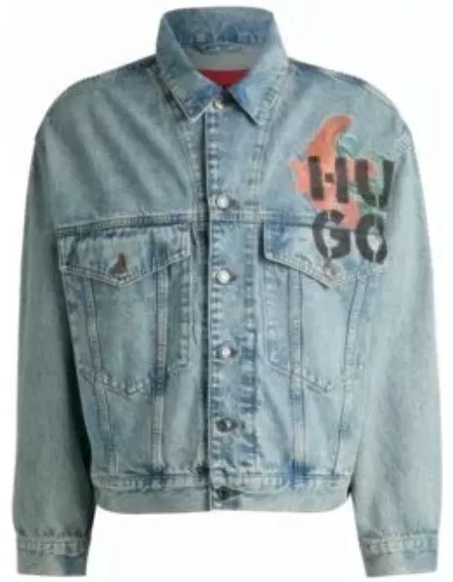 Regular-fit jacket in rigid denim with logo prints- Turquoise Men's Jacket
