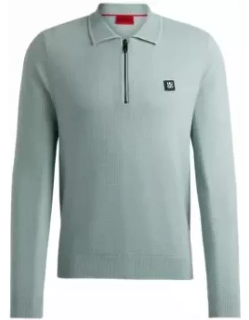 Zip-neck knit polo with stacked logo- Light Grey Men's Sweater