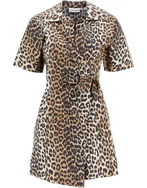 Ganni Animal Print Poplin Wrap Mini Dres