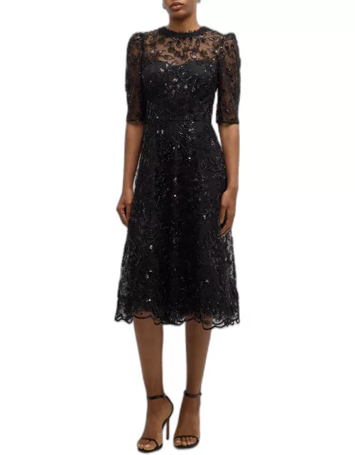 Floral Bead & Sequin Tulle Midi Dres