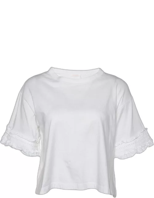 See by Chloe White Cotton Ruffled Sleeve Detail T-Shirt