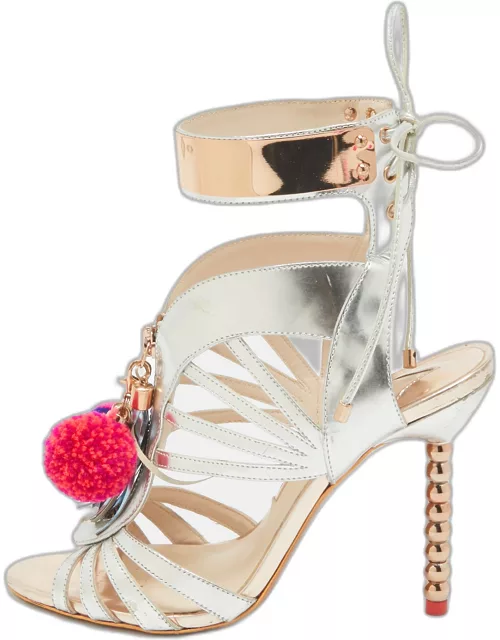 Sophia Webster Silver Mirrored Leather Yasmina Pom Pom Embellished Sandal