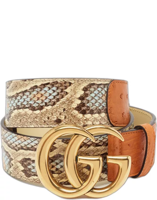 Gucci Multicolor Ostrich Leather and Python GG Marmont Buckle Belt 85C
