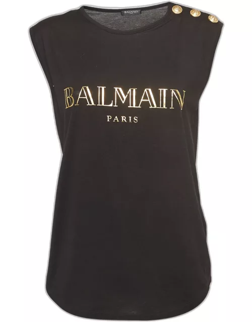 Balmain Black Logo Print Cotton Tank Top