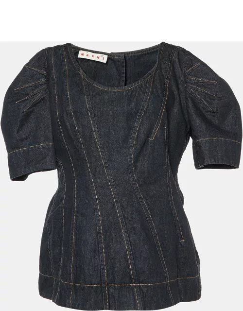 Marni Black Denim Buttoned Back Puff Sleeves Top