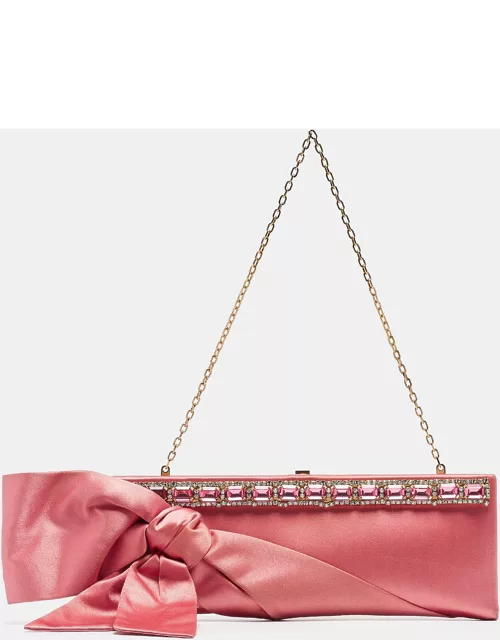 Valentino Pink Satin Crystal Embellished Bow Chain Clutch