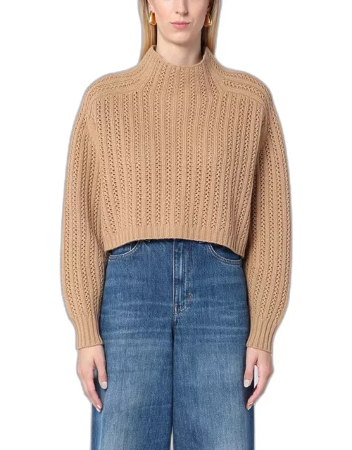 Beige perforated wool and cashmere sweater