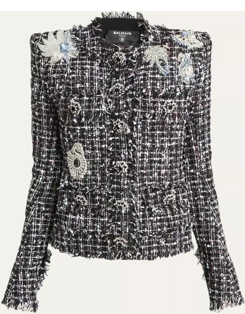 Crystal Patch Tweed Fringe Collarless Jacket
