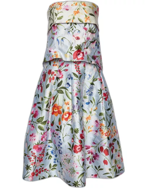Oscar de la Renta Blue Floral Print Silk Blend Tube Top & Midi Skirt Set