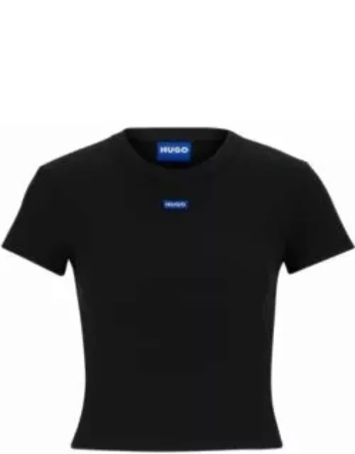 Stretch-cotton slim-fit T-shirt with blue logo label- Black Women's T-Shirt