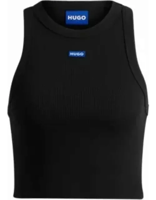 Stretch-cotton cropped tank top with blue logo label- Black Women's Casual Top