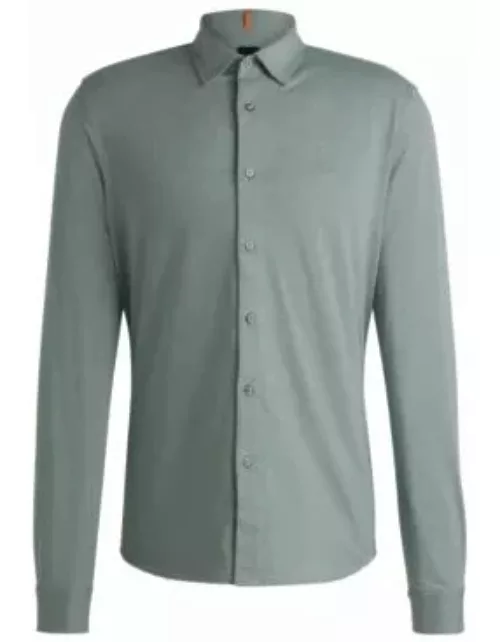 Slim-fit shirt in melange cotton piqu- Light Green Men's Casual Shirt