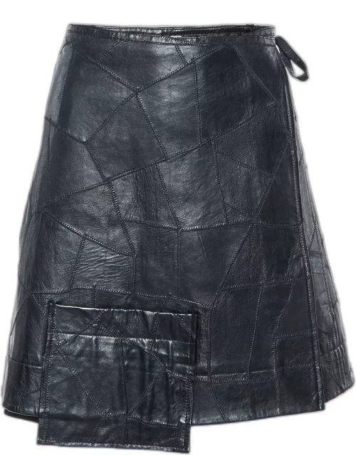 Ganni Black Patchwork Leather Wrap Around Mini Skirt