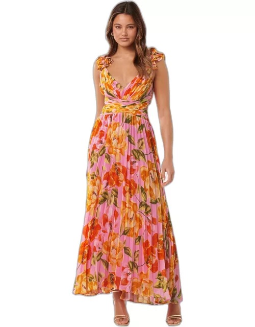 Forever New Women's Selena Pleated Ruffle-Shoulder Maxi Dress in Pink Wright Flora