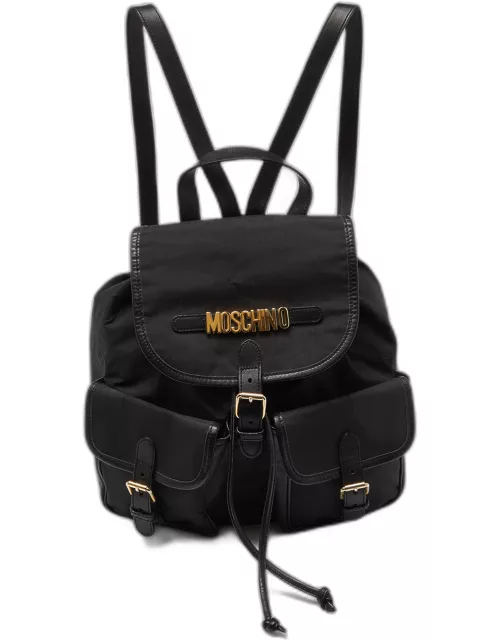 Moschino Black Nylon and Leather Logo Flap Backpack