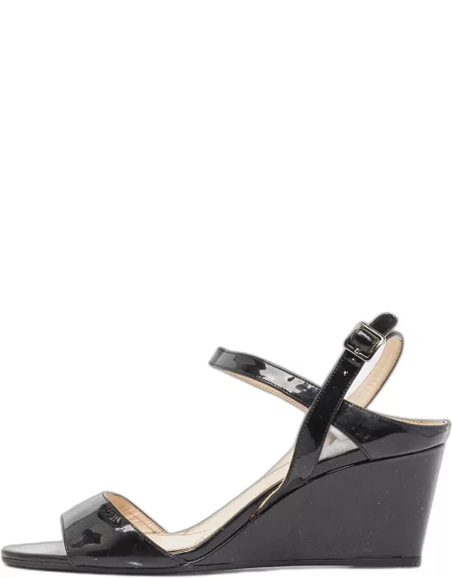 Prada Black Patent Leather Ankle Strap Wedge Sandal