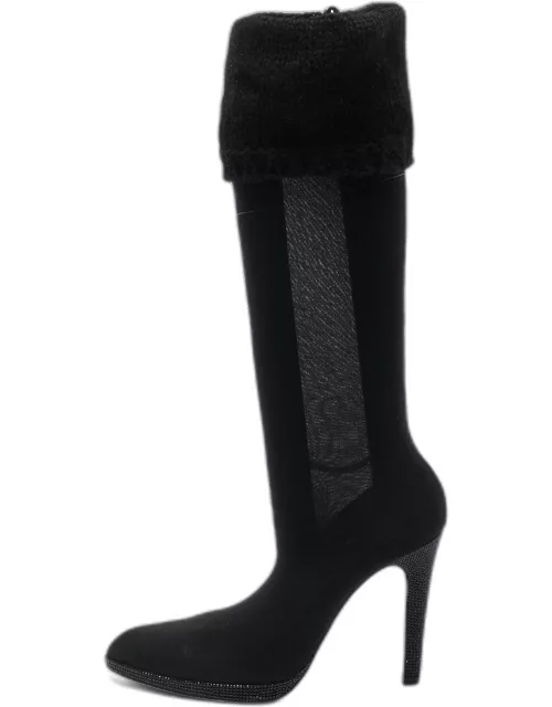 René Caovilla Black Fabric and Knit Fabric Knee Length Boot