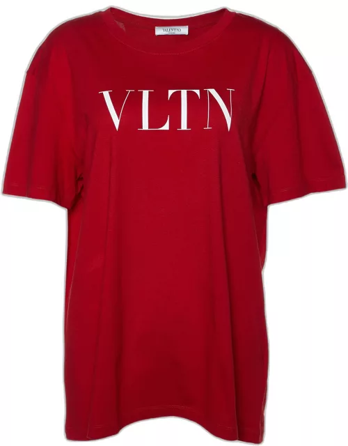 Valentino Red Printed Cotton Knit Round Neck T-Shirt