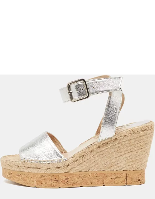 Paloma Barceló Silver Leather Wedge Ankle Strap Sandal