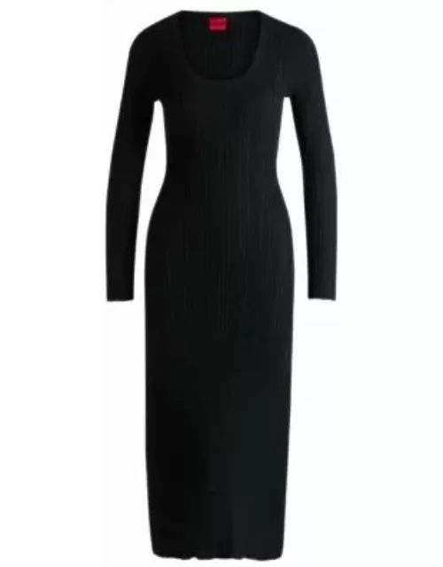 Slim-fit midi-length dress with irregular ribbed structure- Black Women's Knitted Dresse