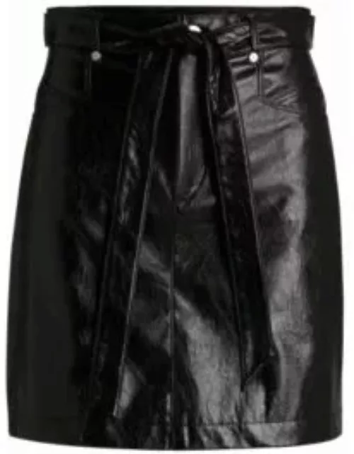 Belted mini skirt in faux leather- Black Women's A-Line Skirt