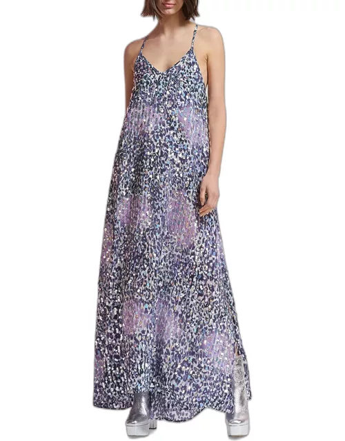 Gleeful Sequined Leopard-Print Sleeveless Maxi Dres