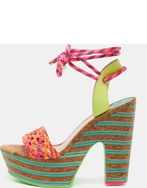 Sophia Webster Multicolor Woven Leather Jade Cork Platform Ankle Wrap Sandal