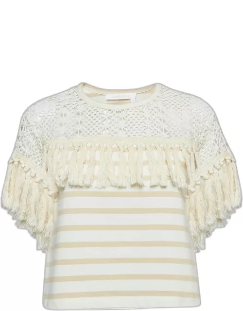 See by Chloe Beige Crochet Trim Stripe Cotton T-Shirt