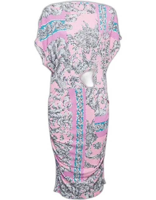 Versace Collection Pink Printed Jersey Ruched Midi Dress