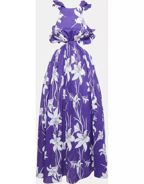 Zimmermann Purple Floral Print Cotton Acadian Ruffle Maxi Dress