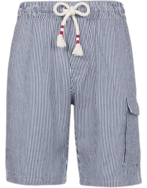 MC2 Saint Barth Man Blue Striped Linen Bermuda Marseille